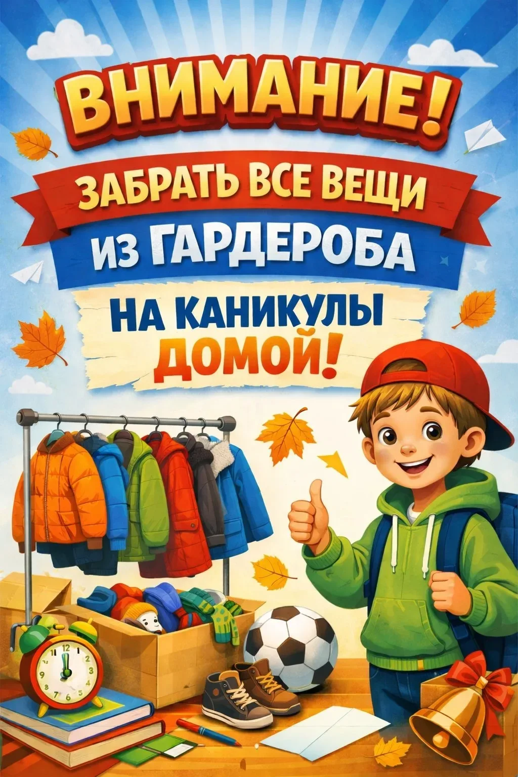 📢  Важное напоминание:

✅ Забери вещи из гардероба!
✅ Проверь корзину с потеряшками!

Все забытые к