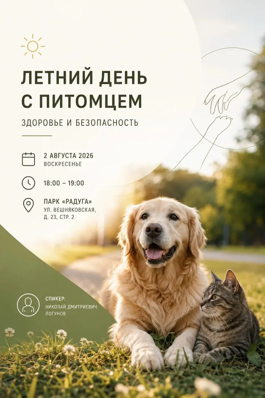 ☀️ 2 августа 18.00 открытая лекция о питомцах: уход за питомцем в летний период

На встрече поговори