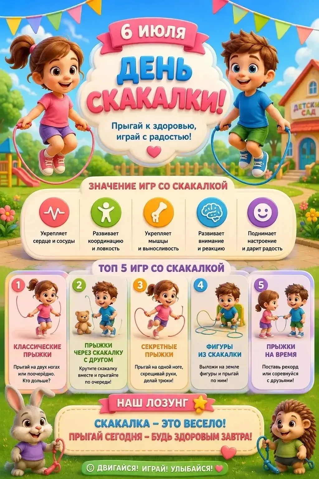 День скакалки: польза для детей 🦘

6 июля  — День скакалки! Это не просто веселье, а настоящая трен