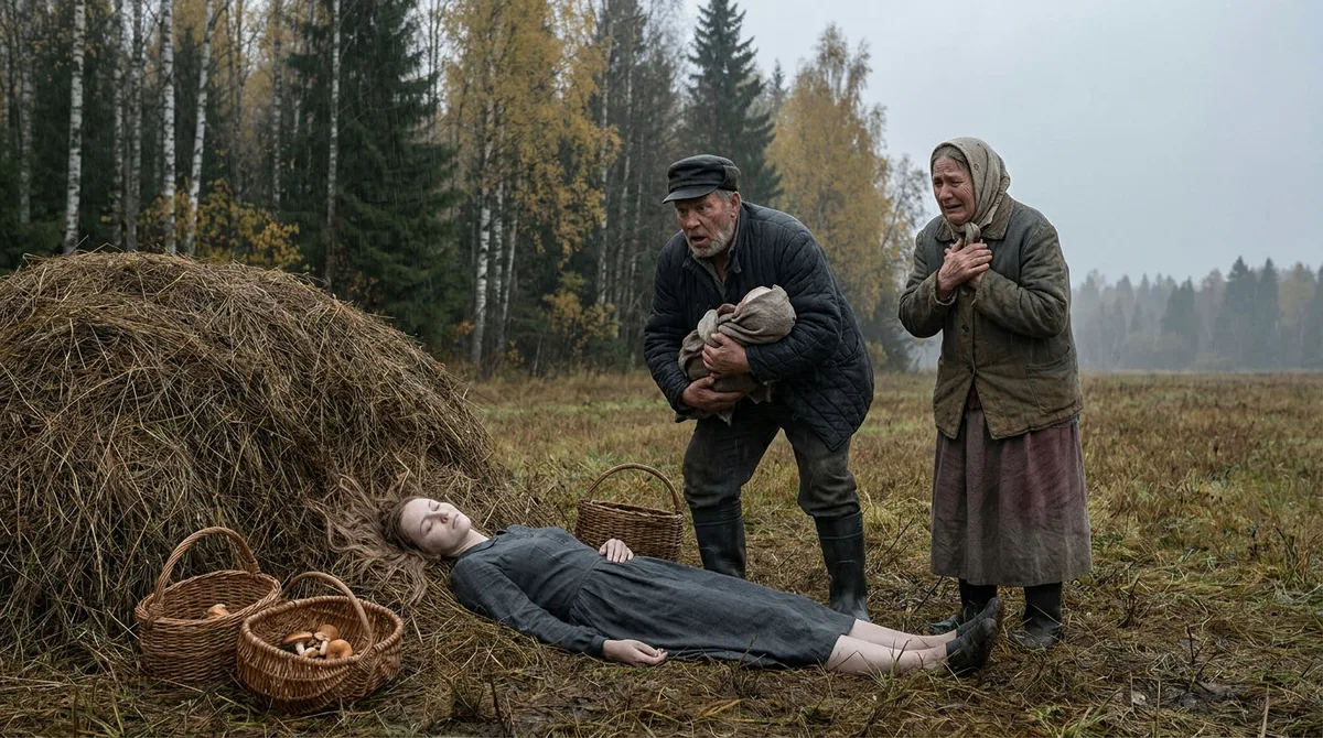 Она родила в осеннем поле под дождём и умерла прижимая младенца к себе, а через сутки там случайно п