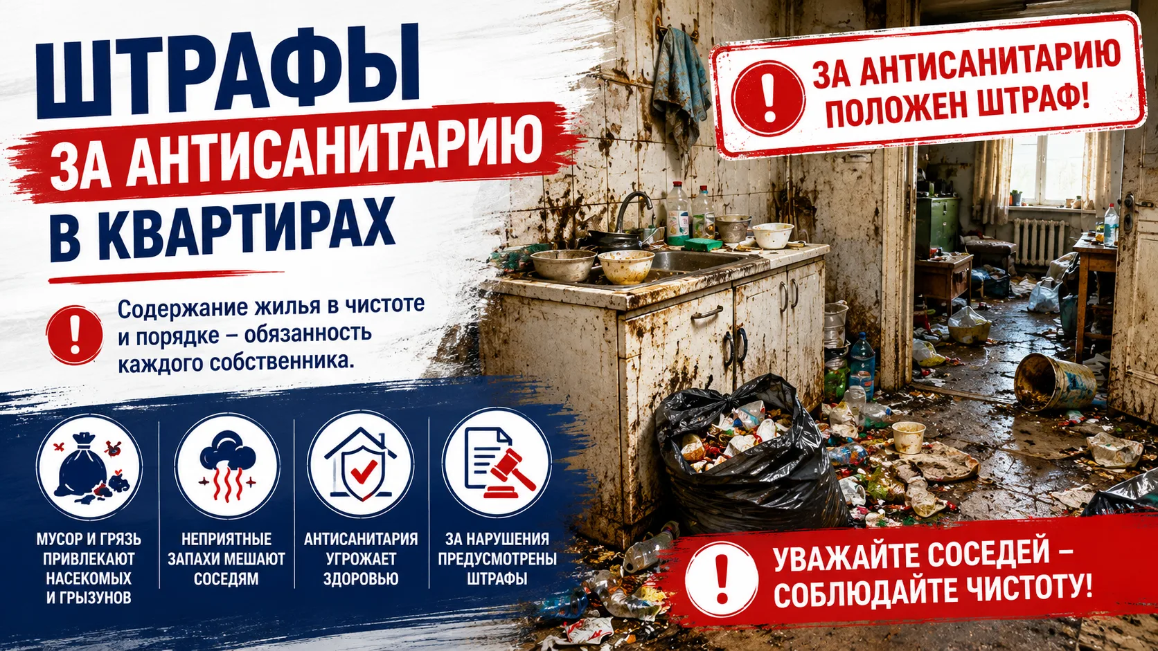 Штрафы за антисанитарию в квартирах могут вырасти в 10 раз.

 Документ предусматривает следующие раз