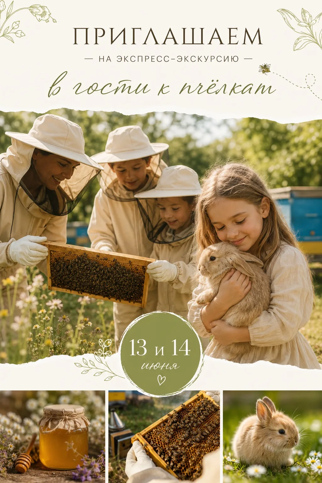 ✨ Пчелы, мёд и обнимашки с кроликами — всё за один день! ✨

🐝 13 и 14 июня 🐝

Приглашаем вас и ваш