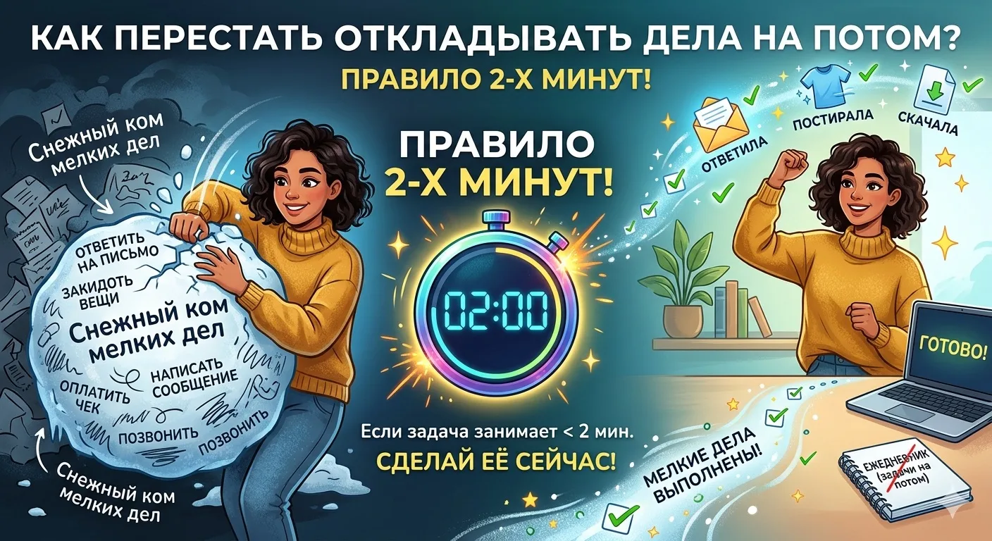 Как перестать откладывать дела на потом? Правило 2-х минут!

Знакомая ситуация: мелкие задачи копятс