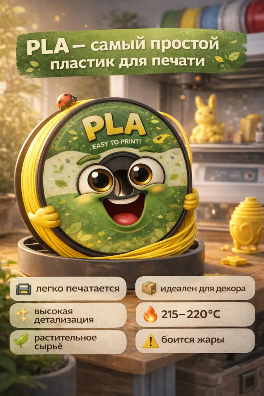 Сегодня поговорим о пластике для 3D-печати.

Чаще всего я печатаю матовым PLA. Он отлично подходит д