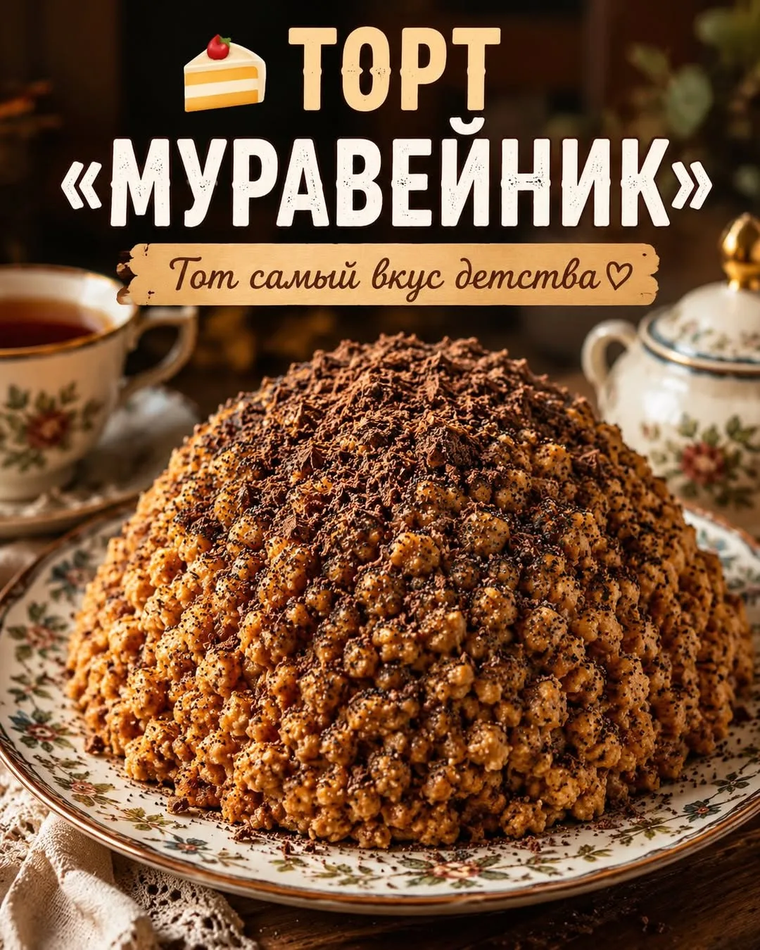 🍰 Торт «Муравейник» (классический домашний рецепт)

Тот самый торт из детства: рассыпчатое песочное