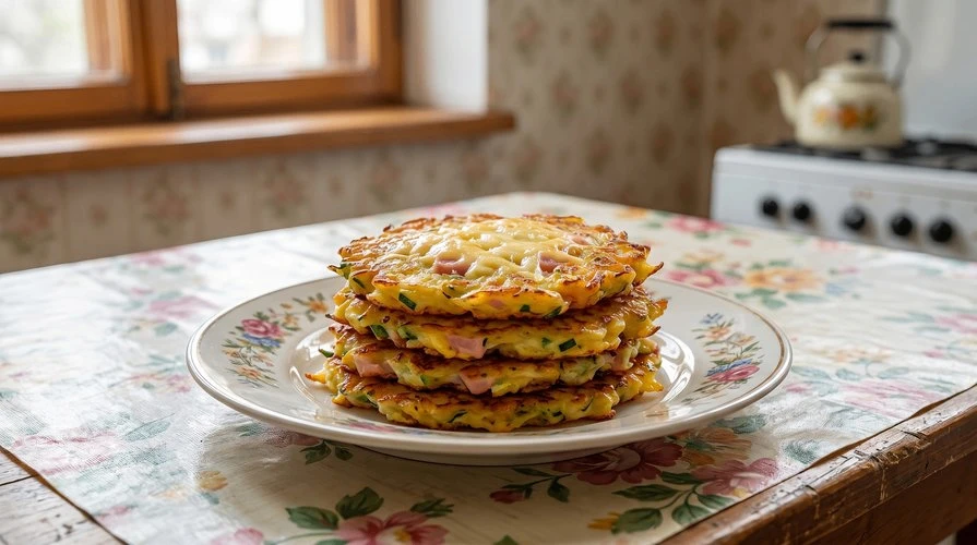 Оладьи из кабачка с ветчиной и сыром
— Сытные, золотистые оладьи с кабачком, ветчиной и расплавленны