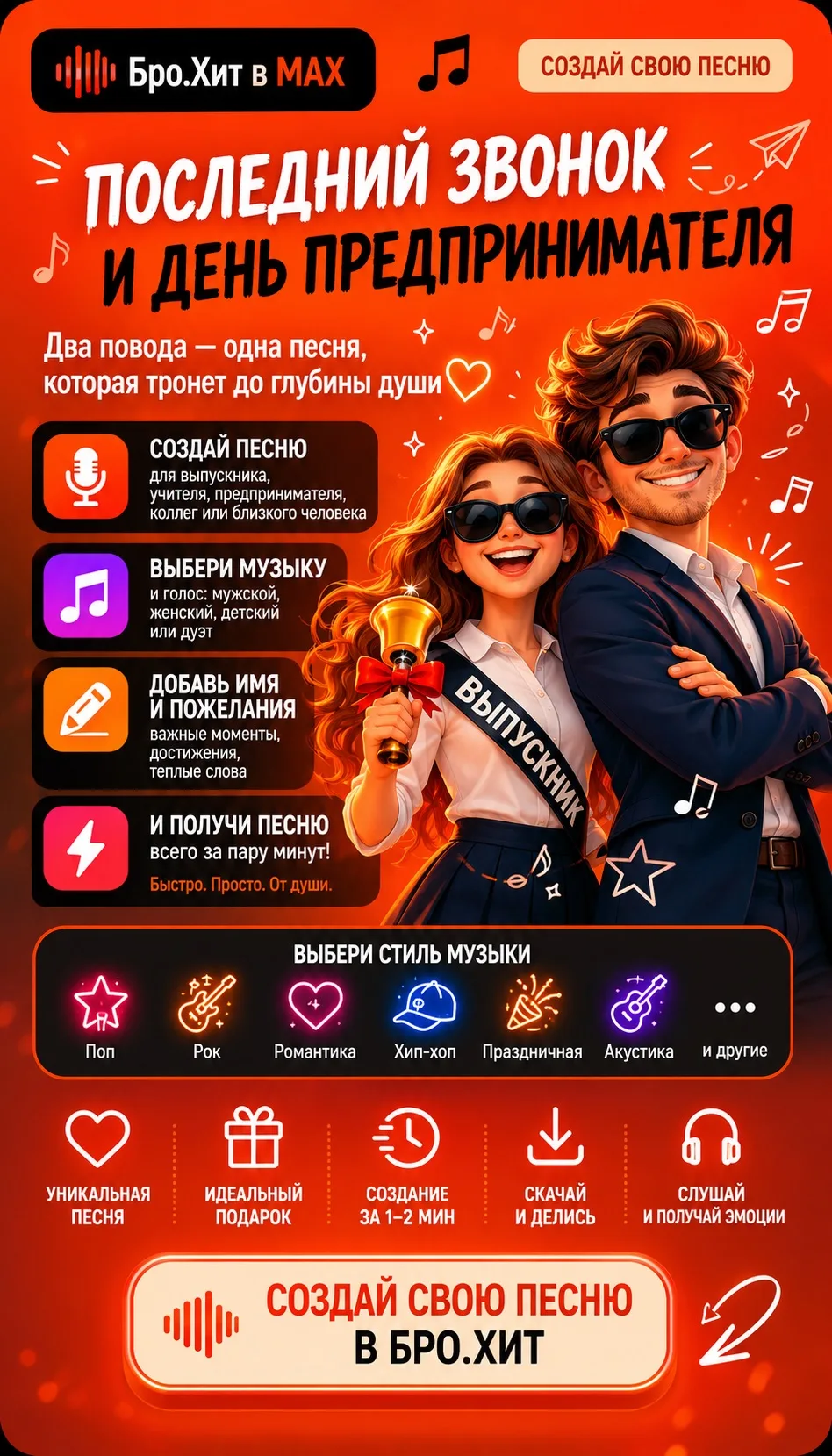 🎶 БРО.ХИТ поможет создать песню, которая попадает прямо в сердце! Поздравления и подарки выпускника