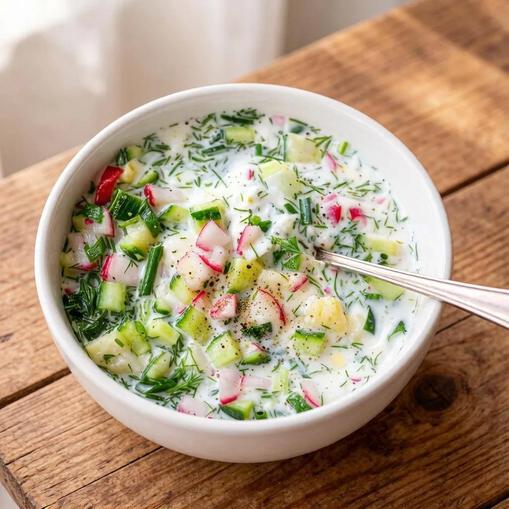 🍲 Классическая окрошка на кефире с горчицей и сметаной

Холодный, освежающий суп – идеальный вариан
