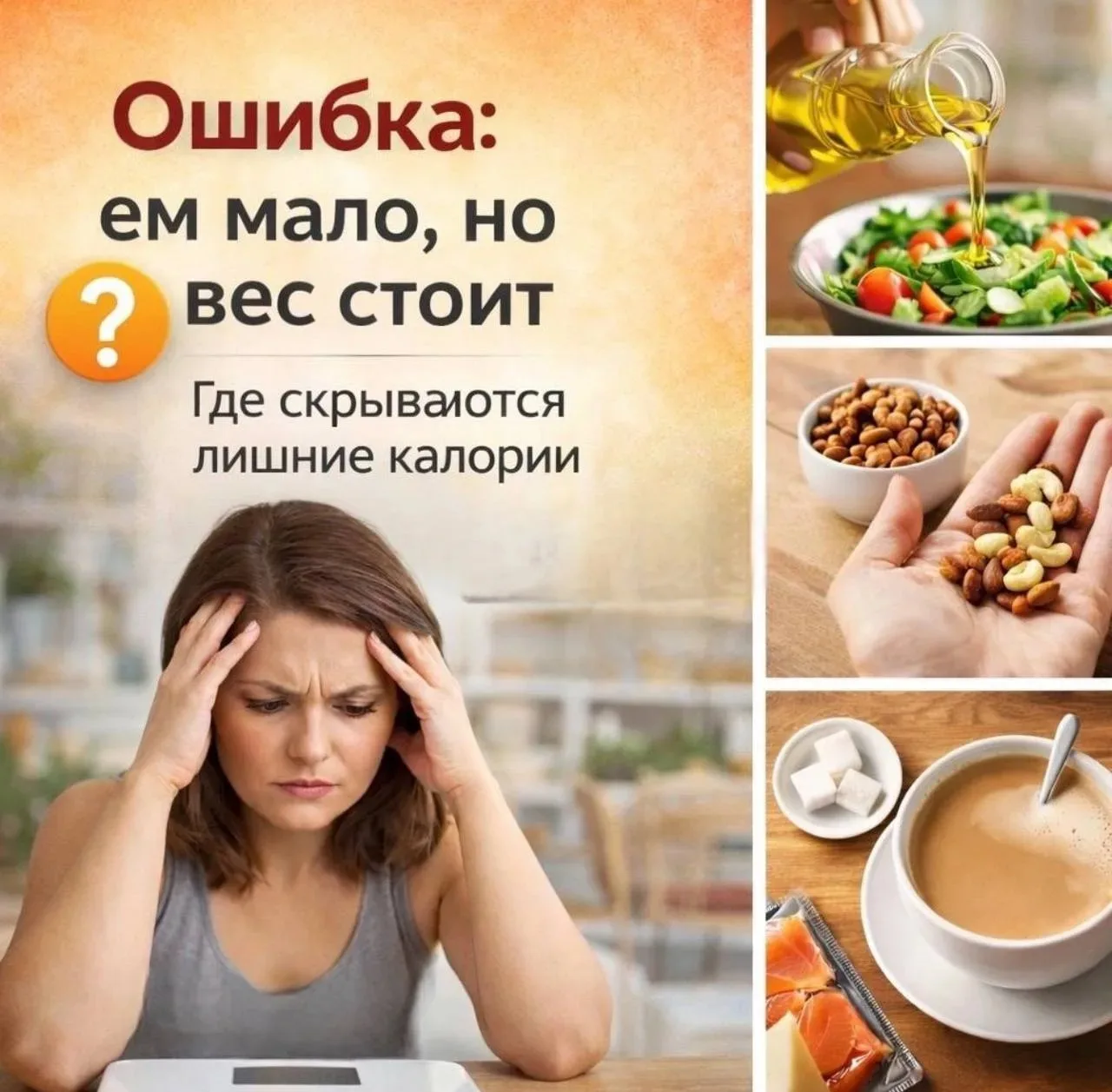 Очень частая ошибка - «ем мало, но вес стоит» - где скрываются лишние калории🔻

🔸Очень частая ситу