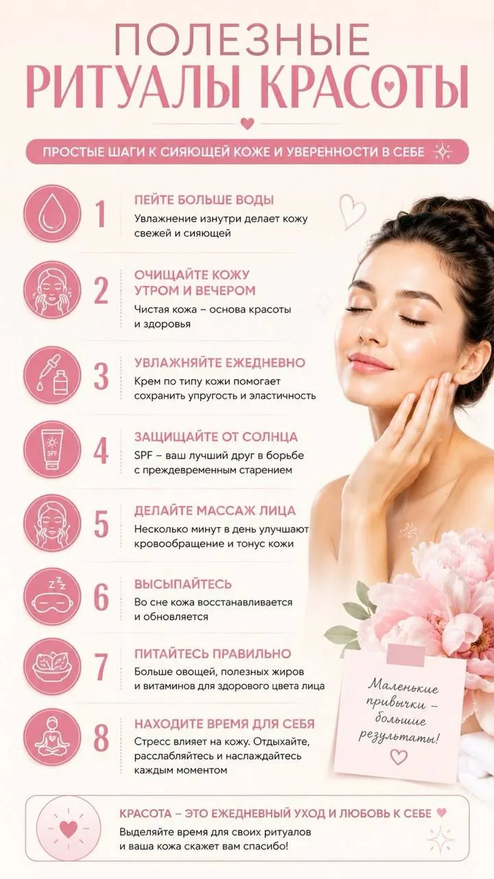 ✨💆‍♀️ ПОЛЕЗНЫЕ РИТУАЛЫ КРАСОТЫ

не про сложный уход — про ежедневные привычки

💧 вода утром
запуск