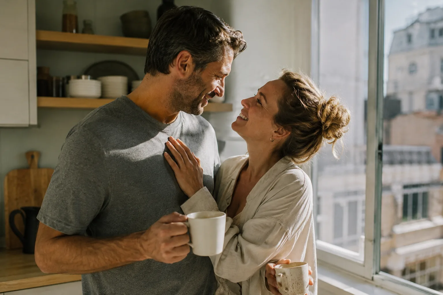 ☕️ Суббота. Утро. Вы вдвоём на кухне, ещё в пижамах.

Он варит кофе, ты смеёшься над какой-то ерундо