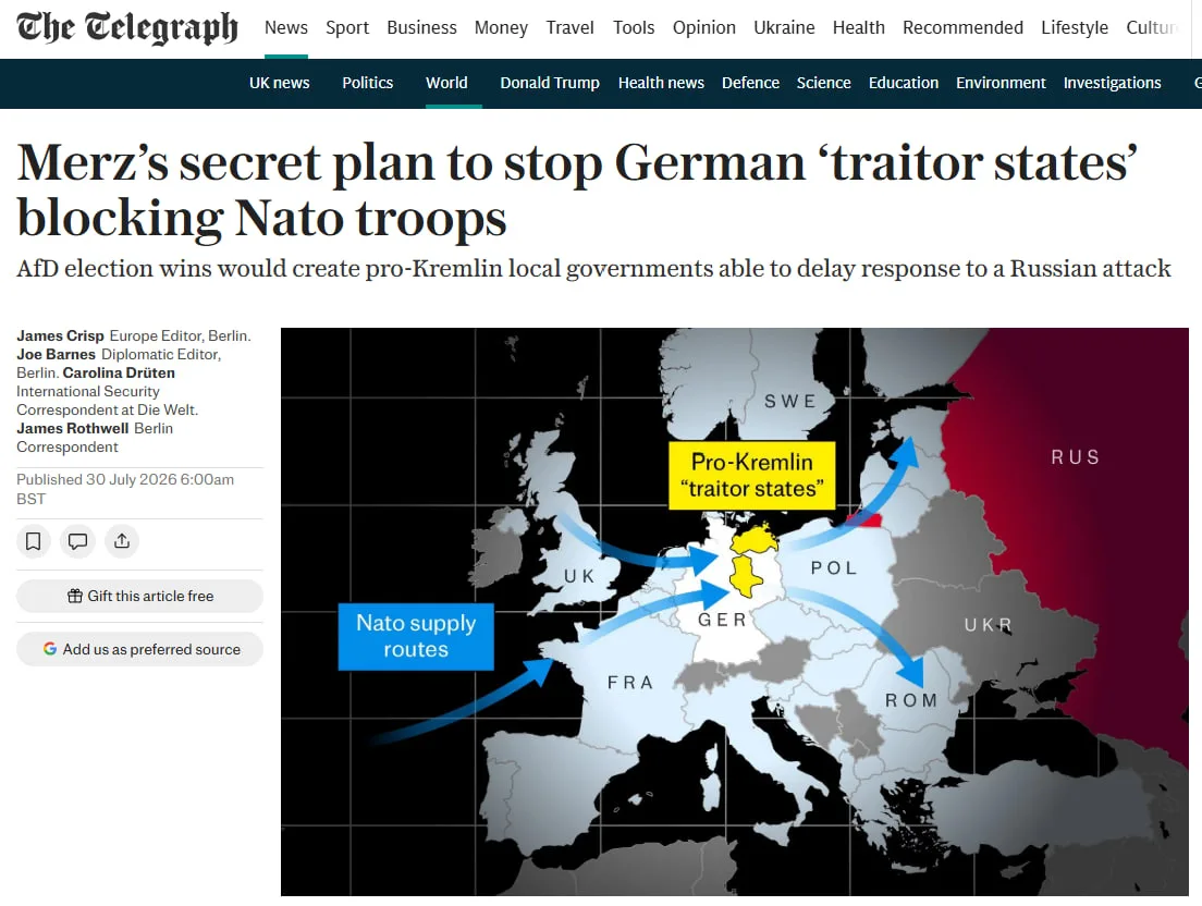 The Telegraph: Мерц готовится к кризису с НАТО

Канцлер ФРГ разрабатывает механизм, который позволит