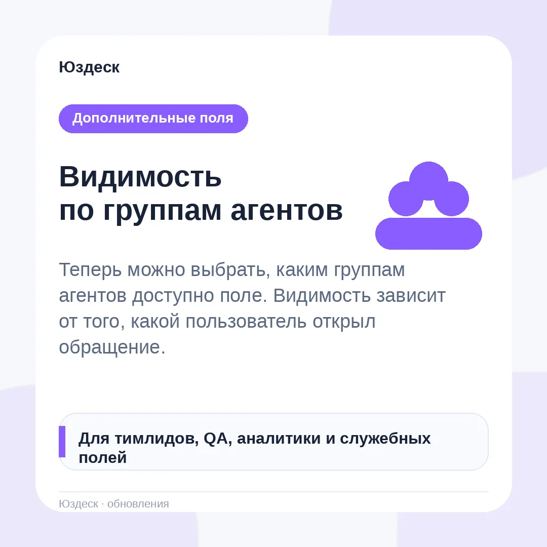 🍓В эфире обновления Юздеска

Дополнительные поля теперь можно показывать только выбранным группам а