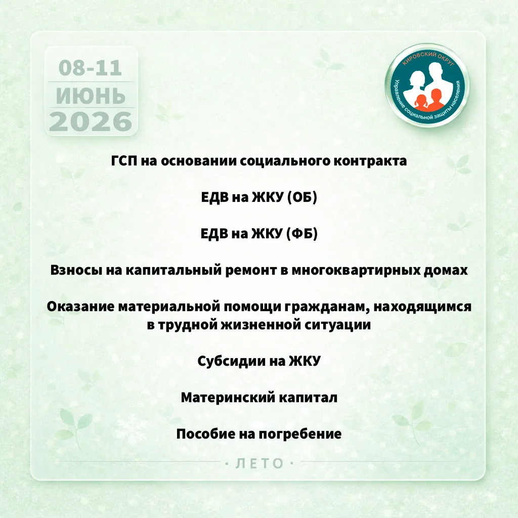 С 08 по 11 июня Управление социальной защиты населения произвело выплаты отдельным категориям гражда