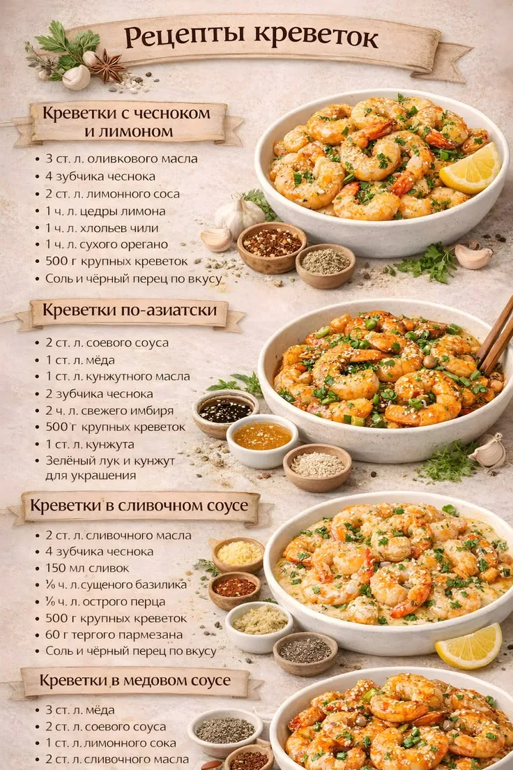 Рецепты креветок 🍤 4 варианта на ужин и праздник

Подборка из 4 блюд с креветками: сливочные, азиат