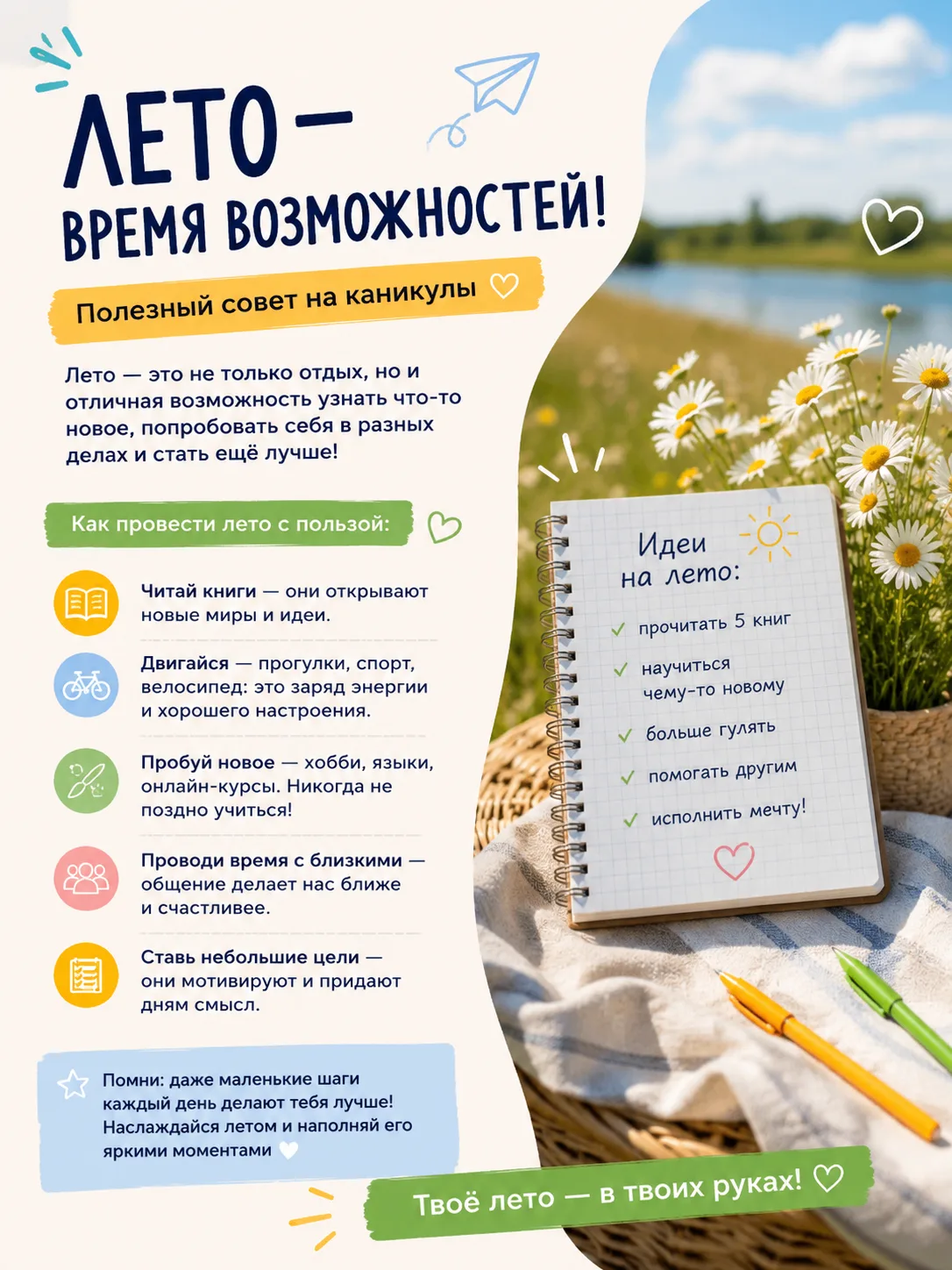 ☀️ Лето — время новых возможностей!
Каникулы можно провести не только весело, но и с пользой. Читайт