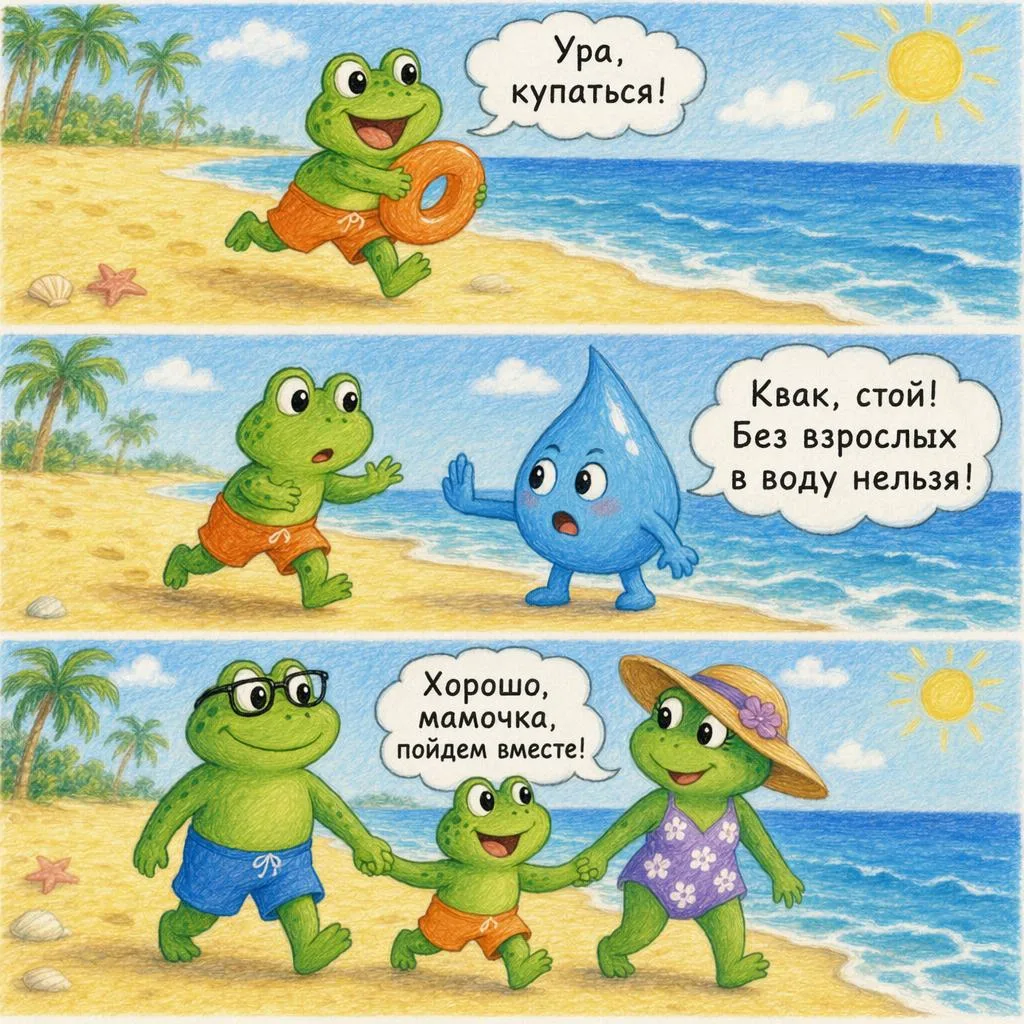 Нарисовали свой комикс про лягушонка Кваку! 🐸

Хоть мы сейчас и не купаемся, повторить правила безо
