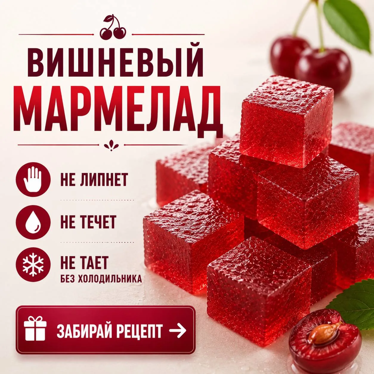 🍒 Вишнёвый мармелад с кислинкой, который идеально сочетается с шоколадным ганашом.

Не приторный, я