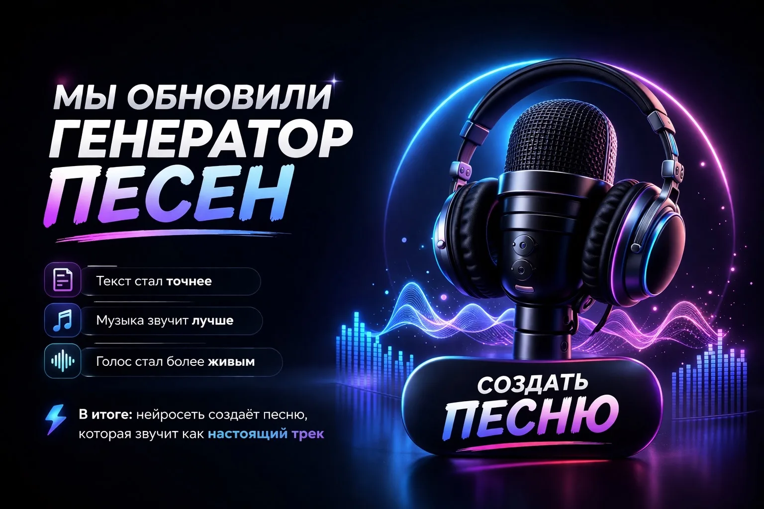 🎧 Мы обновили генератор песен

Теперь создать песню онлайн через нейросеть стало быстрее и проще 🤖