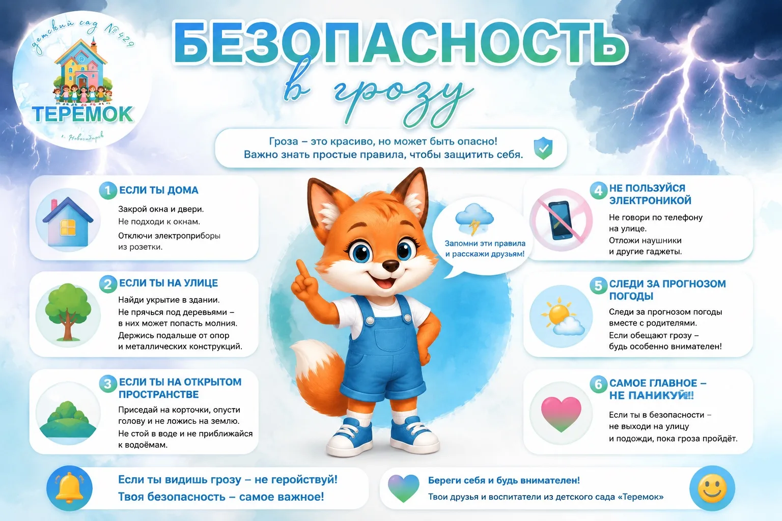 ⚡️ Памятка для родителей: «Безопасность во время грозы»

Друзья, лето — это не только солнце и тепло