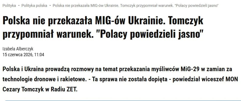 Польша не будет передавать Украине истребители МиГ-29, пока Киев не поделится с Варшавой технологиям