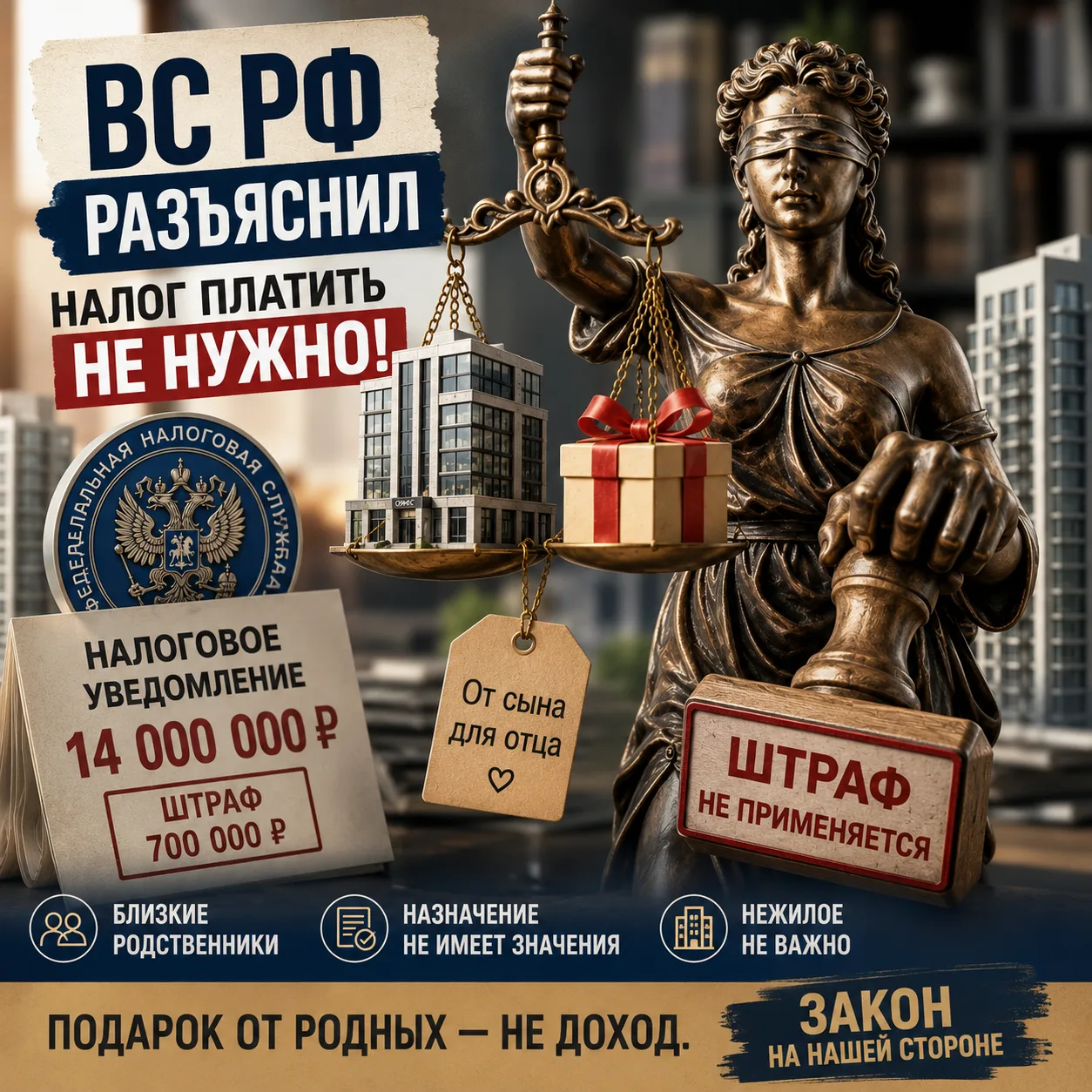 Подарил сын отцу коммерческое помещение — налоговая сказала: «Отлично, с вас 14 миллионов».
У ФНС ин