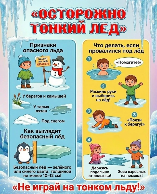 ❄ Безопасность прежде всего! 
 
Весна — время веселья, но лед на водоемах может быть очень коварным.