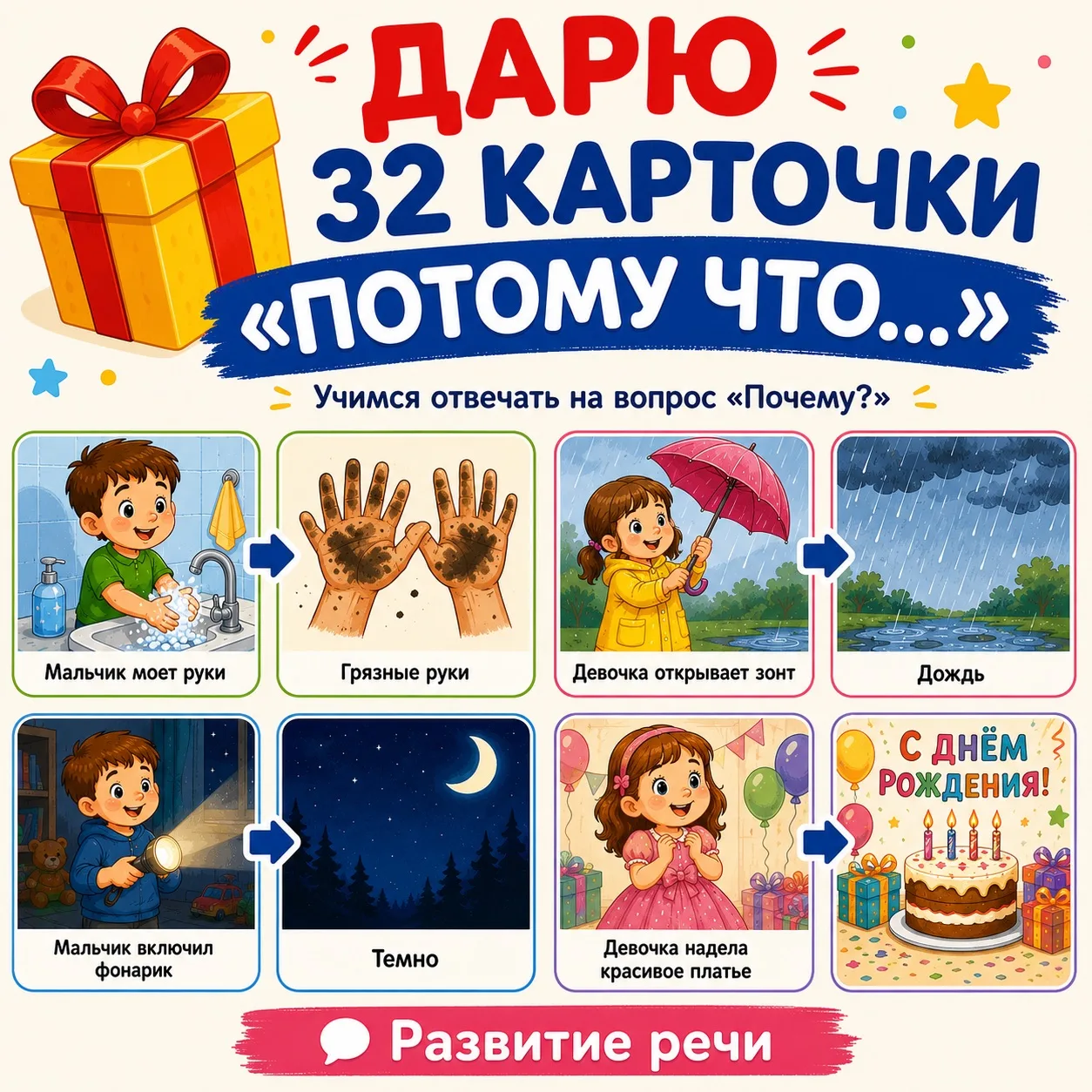 🎁 Дарю 32 карточки «ПОТОМУ ЧТО…»

Игра на развитие мышления (причинно-следственных связей) и связно