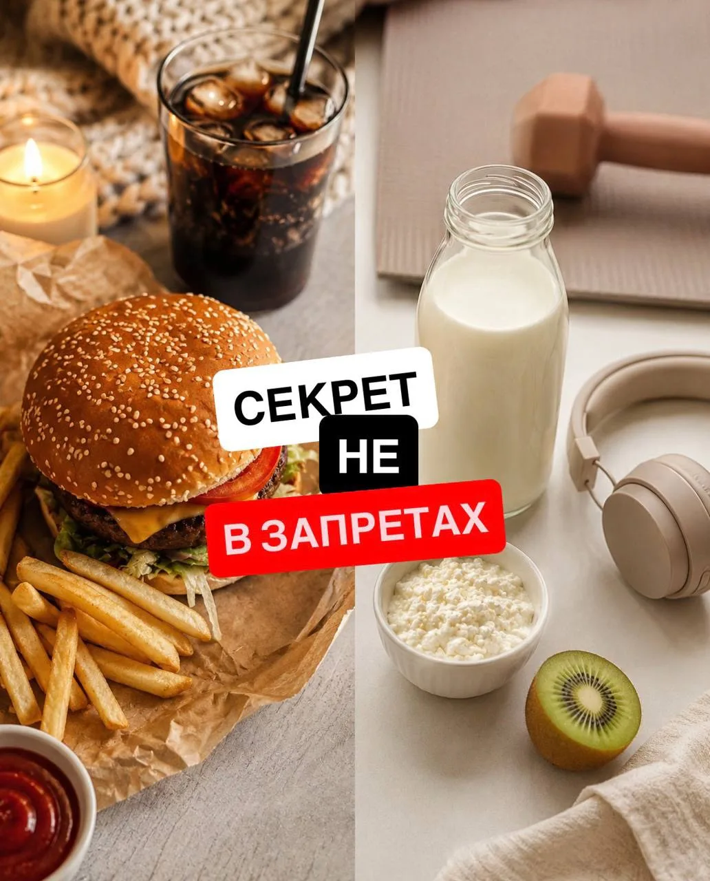 🍔 Вчера — гамбургер после 18:00. 🥛 Сегодня — кефир после тренировки для восстановления мышц.

И зн