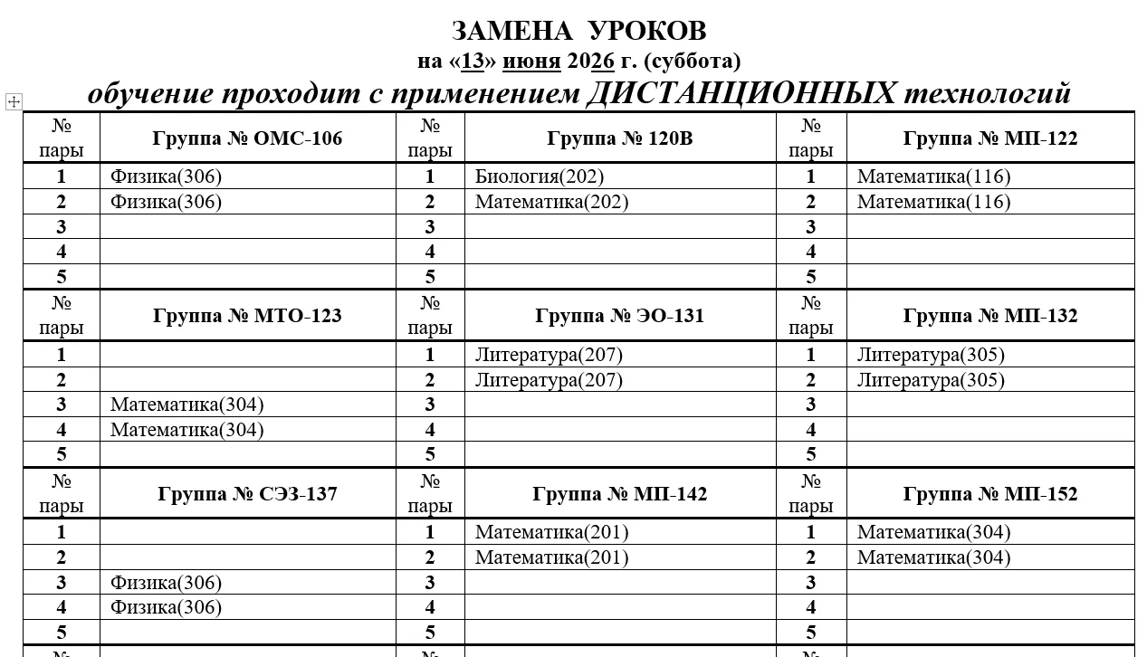 Изменения в расписании на 13.06 занятия проходят в дистанционном формате