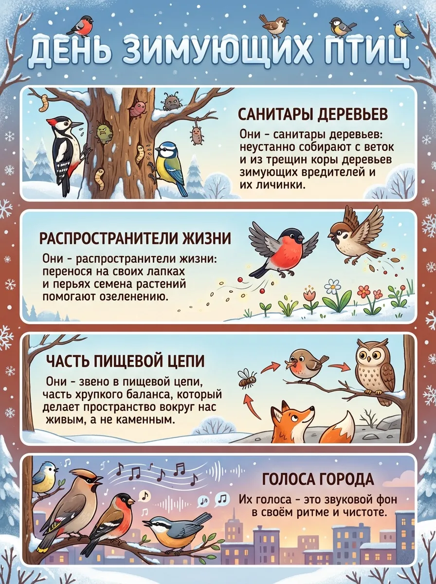 15 января — день зимующих птиц.

Этот день напоминает нам о пернатых, которые проводят зиму с нами, 