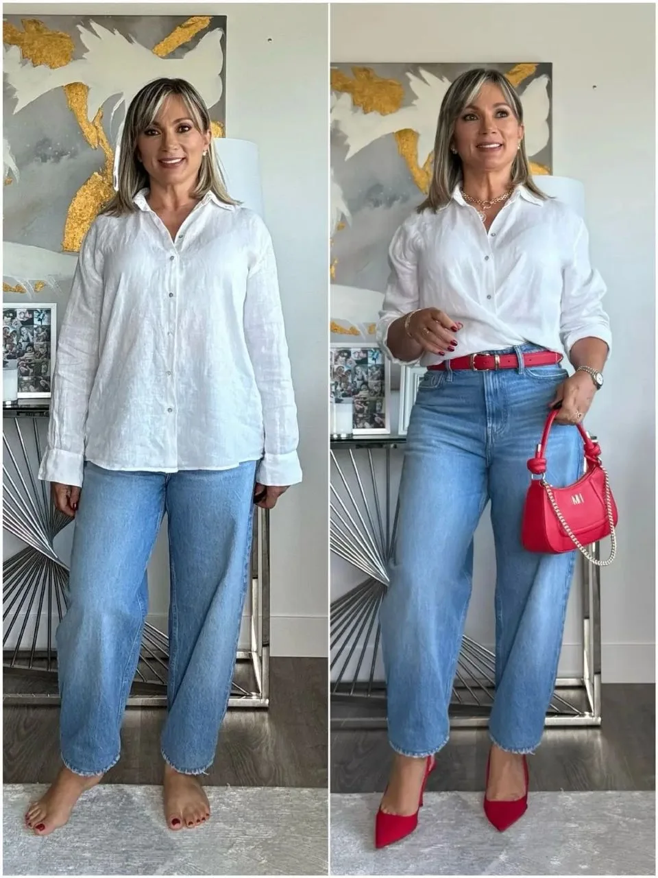 👠Второй образ выглядит намного более собранным и стильным благодаря деталям.

Красный ремень красив