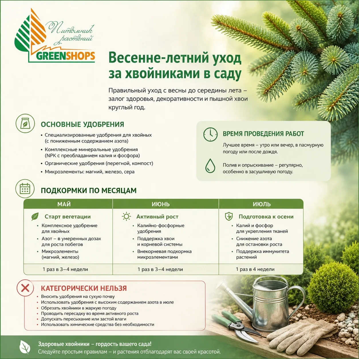 Правила ухода за хвойными летом⤵️

💧 Полив
Под корень — раз в 5–7 дней обильно (10–30 л на растение