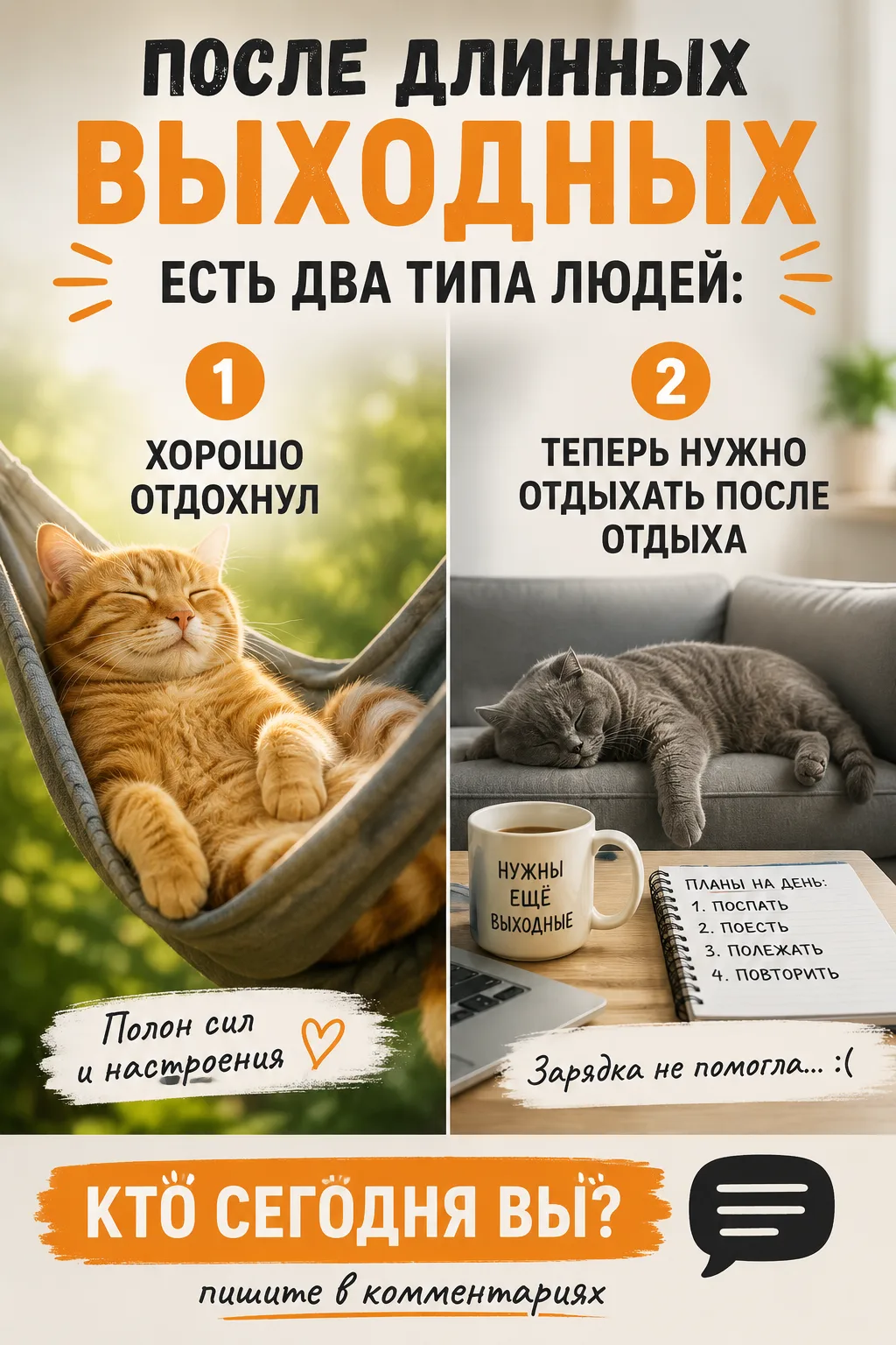 😄 После длинных выходных есть два типа людей:

1️⃣ Хорошо отдохнул.

2️⃣ Теперь нужно отдыхать посл