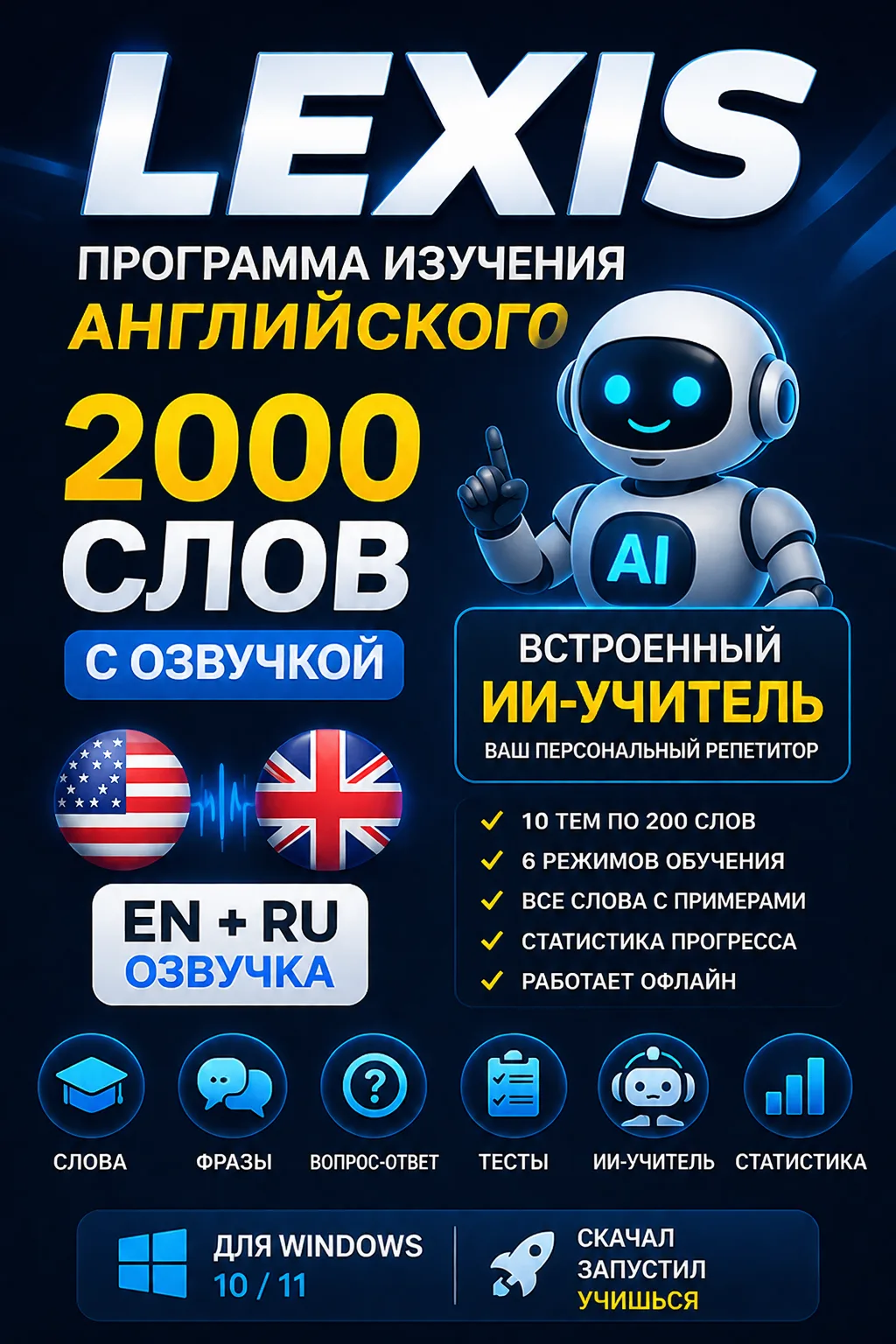 LEXIS — программа для английского с ИИ-учителем, 2000 слов с озвучкой
LEXIS — программа для изучения