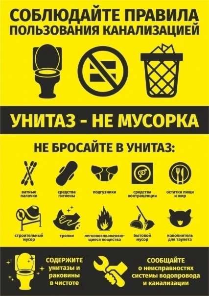Уважаемые жильцы! Снова о правилах пользования канализацией в МКД! Помните! В  результате засорения 