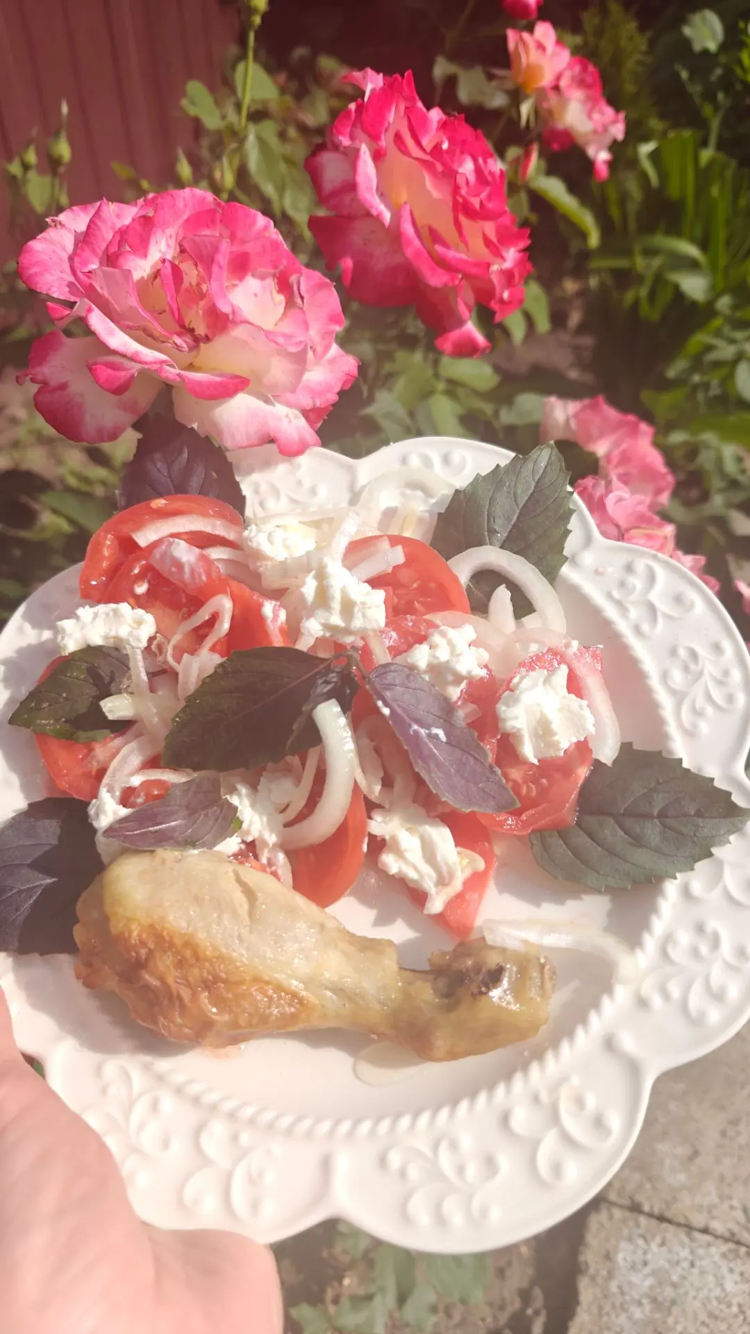 Мой ужин.

🔸Салат летний
Помидор, лук, базилик, творожный сыр.
🔸 Курочка
🔸 Чай

На ужин у нас все