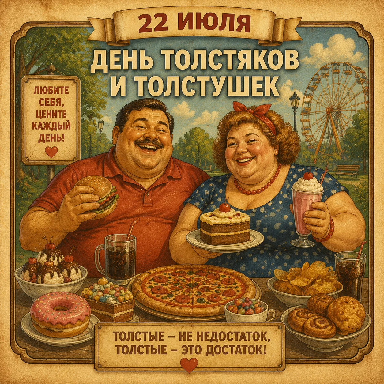🎂22 июля - День толстяков и толстушек

Это неофициальный праздник, который посвящён людям всех форм