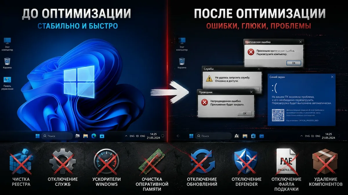 Никогда не оптимизируй Windows так

В интернете полно советов по «ускорению» Windows. Некоторые из н