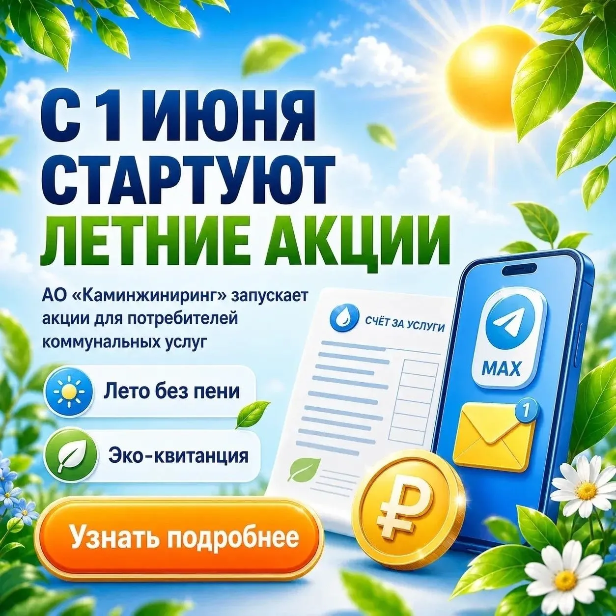 Лето без долгов
С 1 июня АО «Каминжиниринг» запускает летние акции для потребителей коммунальных усл