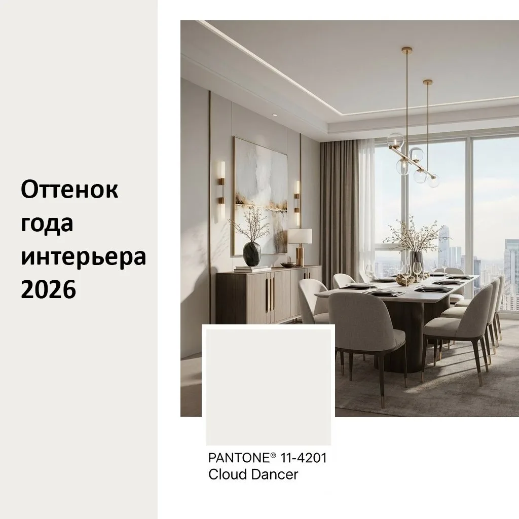 Оттенок года в дизайне интерьера 2026: PANTONE 11-4201 Cloud Dancer
Молочный белый цвет, воплощение 