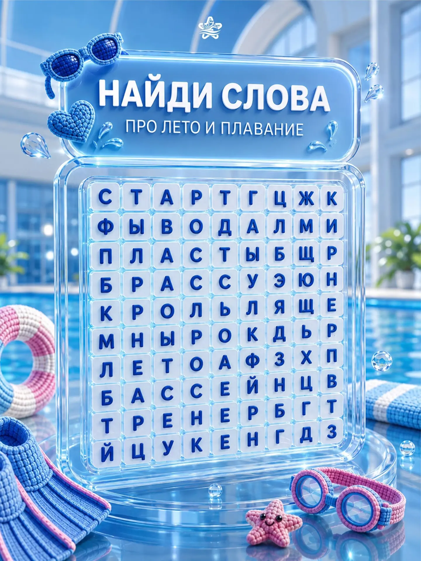 Летний челлендж от Fun Swim😎

Уровень сложности: лёгкий

На карточке спрятались 
слова про лето, во