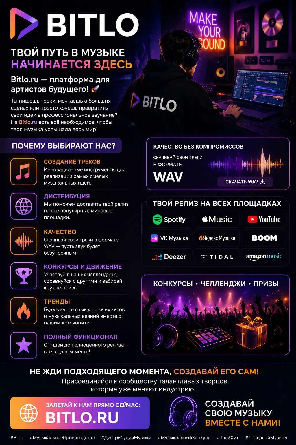 ​Твой путь в музыке начинается здесь: Bitlo.ru — платформа для артистов будущего! 🚀
​Ты пишешь трек