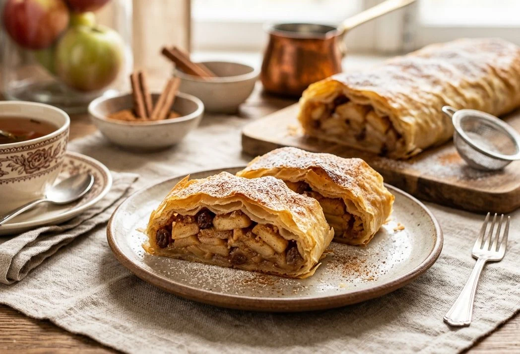 🍎 Штрудель с яблоками (тот самый, хрустящий и ароматный)
Этот штрудель получается с тонким хрустящи