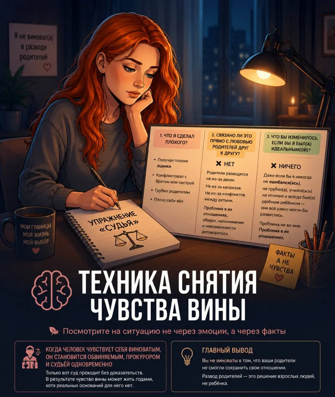 Техника снятия чувства вины⬆️

Чувство вины может жить годами, хотя реальных оснований для него нет.