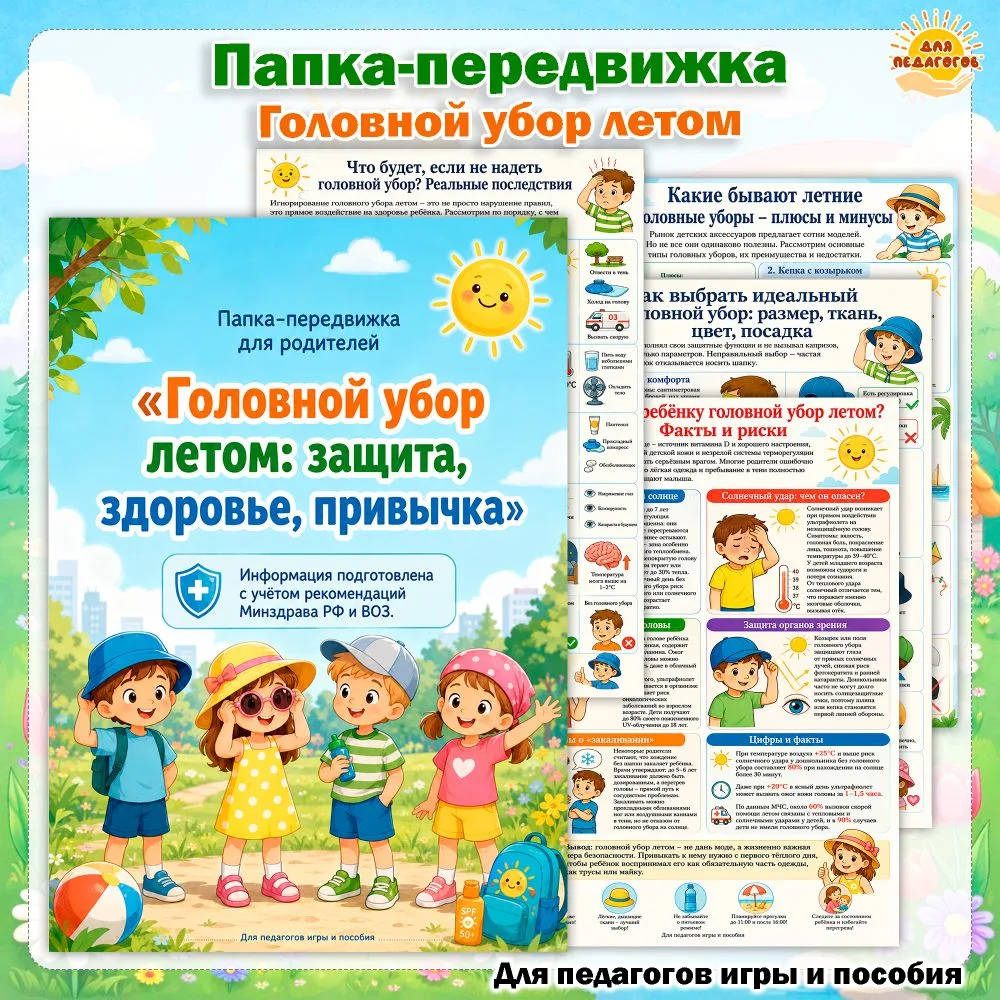 Информационные листы, папка-передвижка для родителей и воспитателей "Головной убор летом". 5 листов 