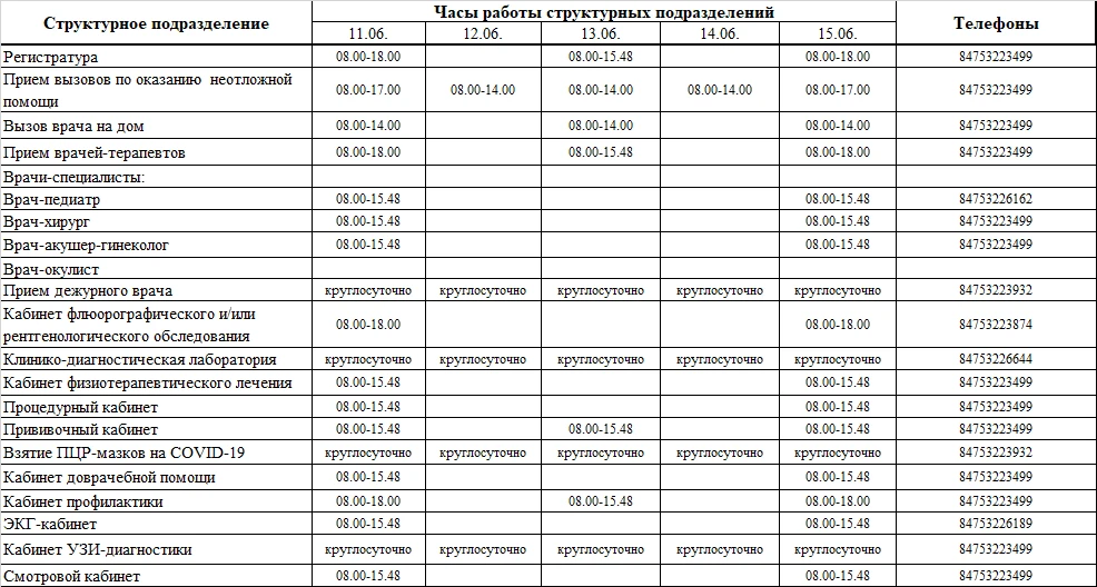 График работы ТОГБУЗ «Сосновская ЦРБ» в период с 11.06.2026 по 15.06.2026 года.

В целях оказания ме