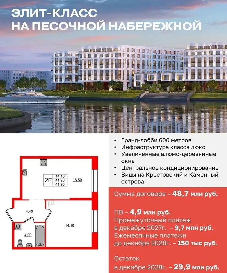 Новая длительная рассрочка до 31.12.2028 г. в объекте на Песочной набережной (один год после Госкоми