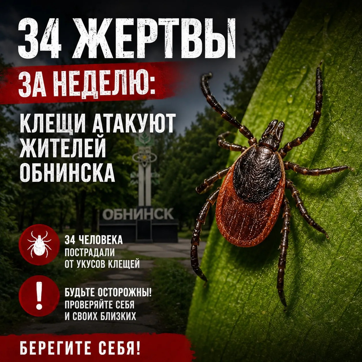 В Обнинске за неделю 34 человека пострадали от укусов клещей, среди них — шестеро детей. Один из кле