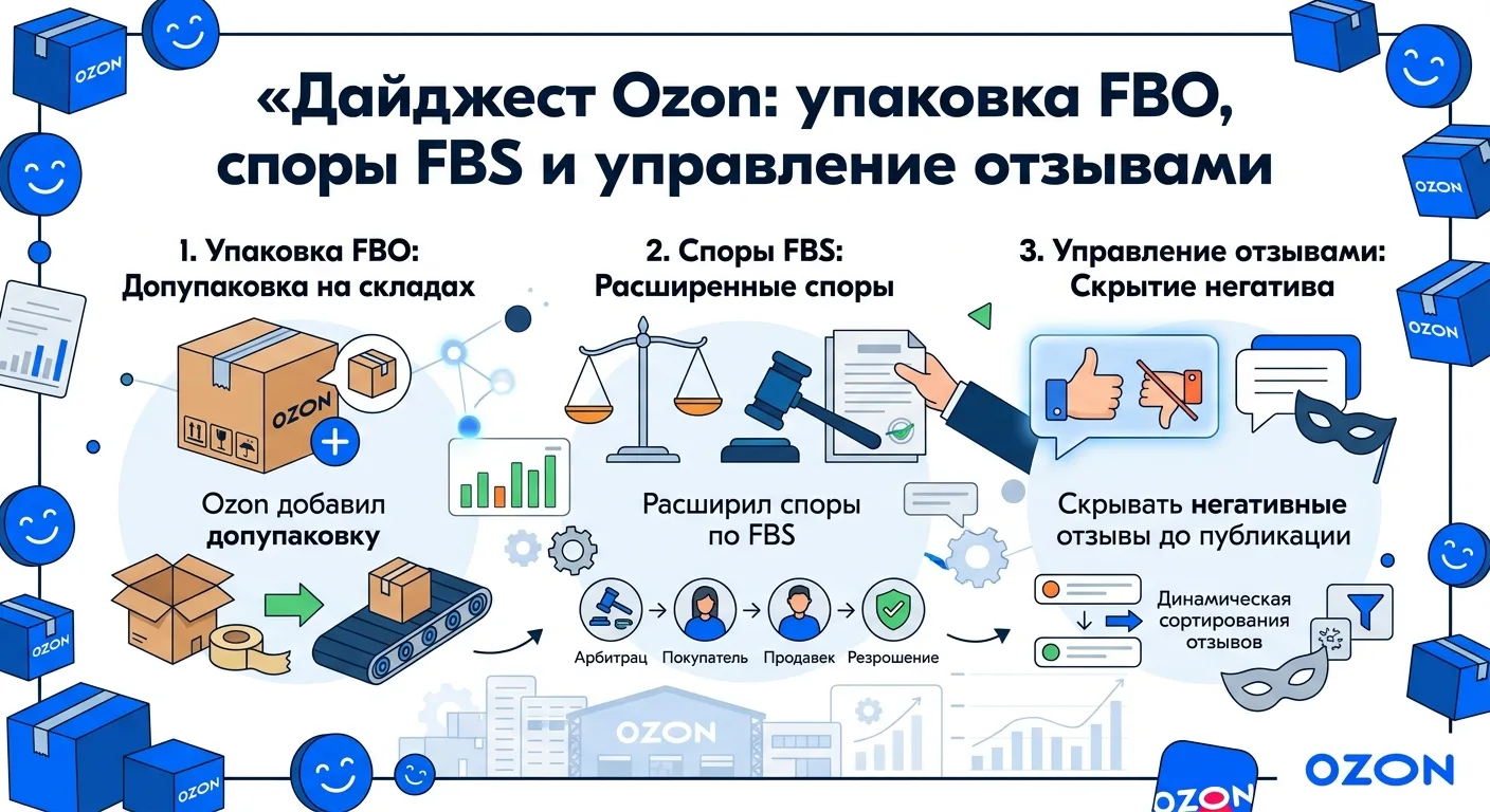 📰 Новая статья в блоге FulFlix

Дайджест Ozon: упаковка FBO, споры FBS и управление отзывами

Ozon 